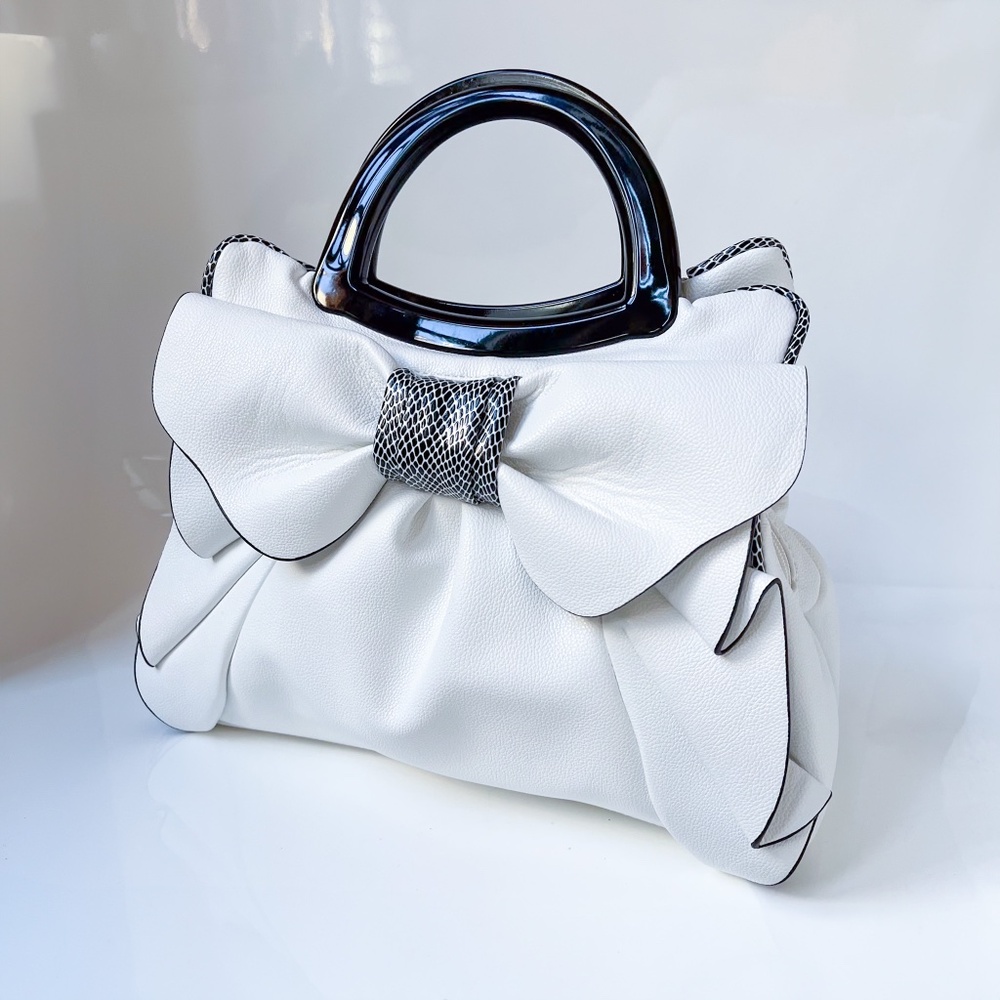 NEW White Black Bowler Doctor Handbag Bow Unique Medium